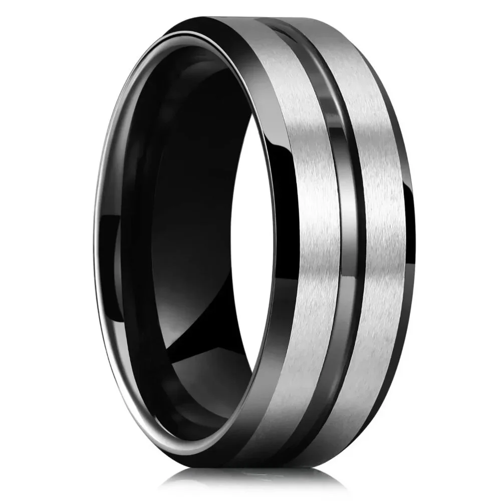 New Men Quality Stylish Sliver And Black Wedding Formal Ring